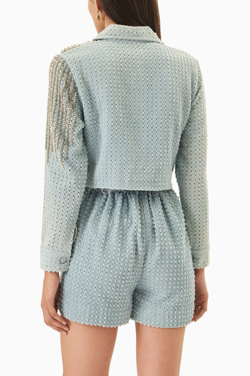 Light Denim Lazercut Crop Shirt with Shorts