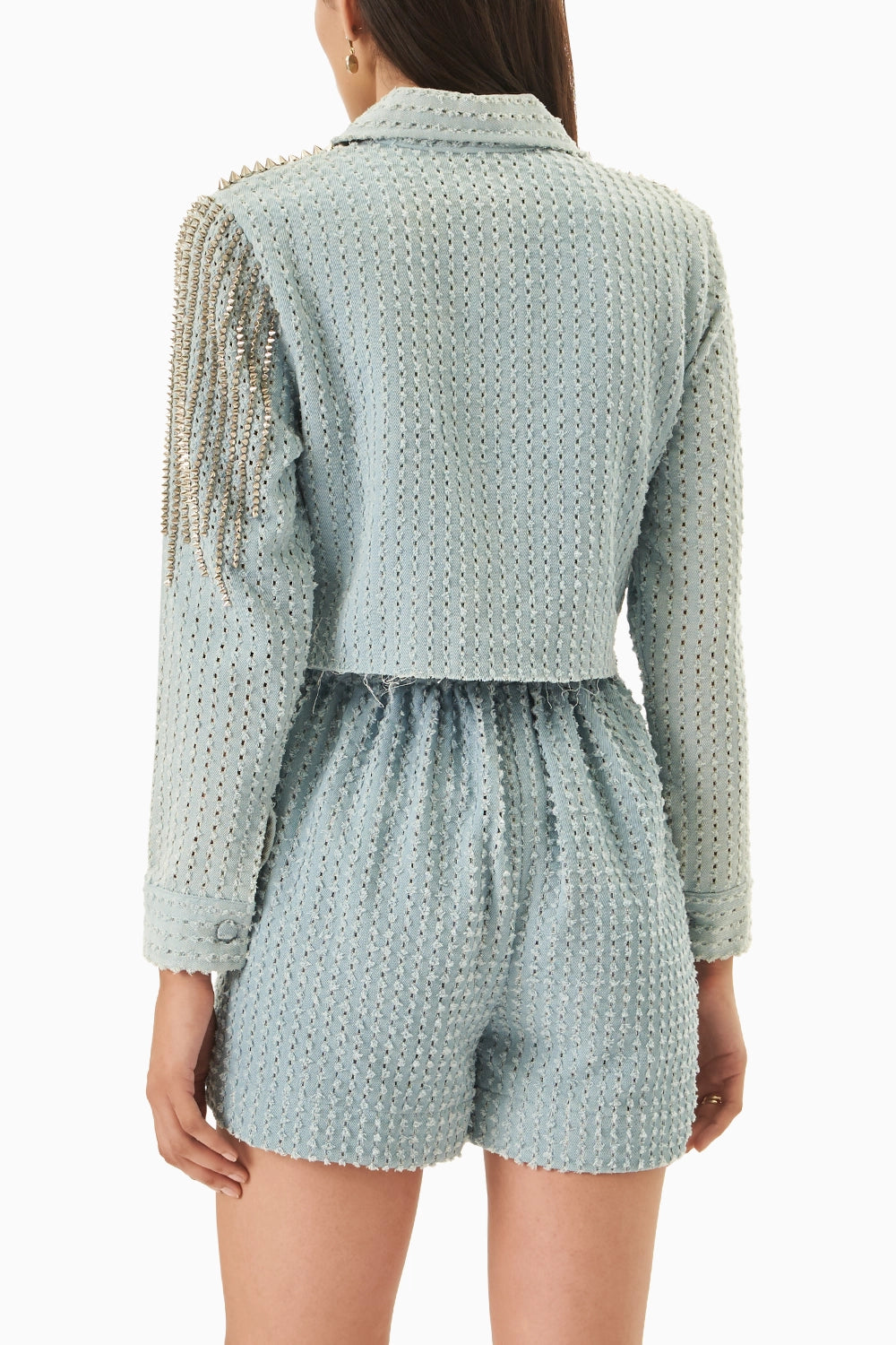 Light Denim Lazercut Crop Shirt with Shorts