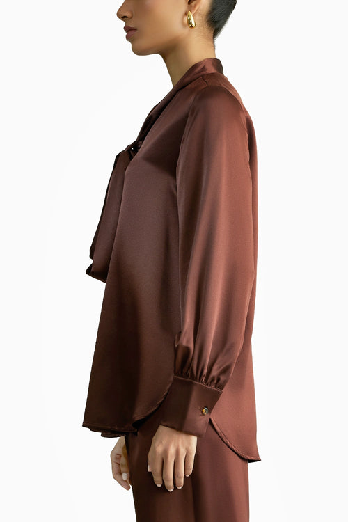 Espresso Silk Long-Sleeved Tie-Neck Top