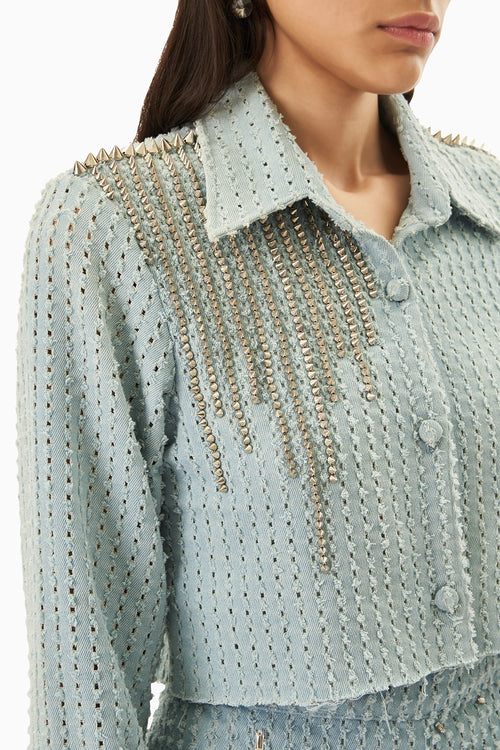 Light Denim Lazercut Crop Shirt with Shorts