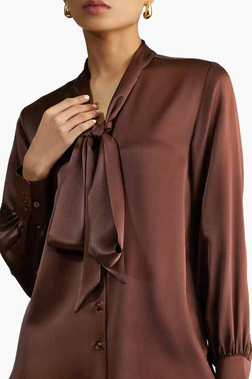 Espresso Silk Long-Sleeved Tie-Neck Top