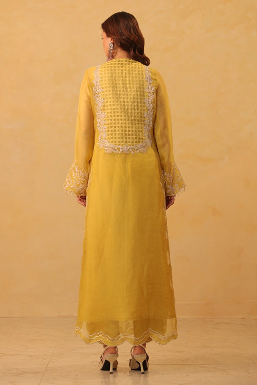 Vaayu Yellow Heavy Jaal Scallop Kurta Set