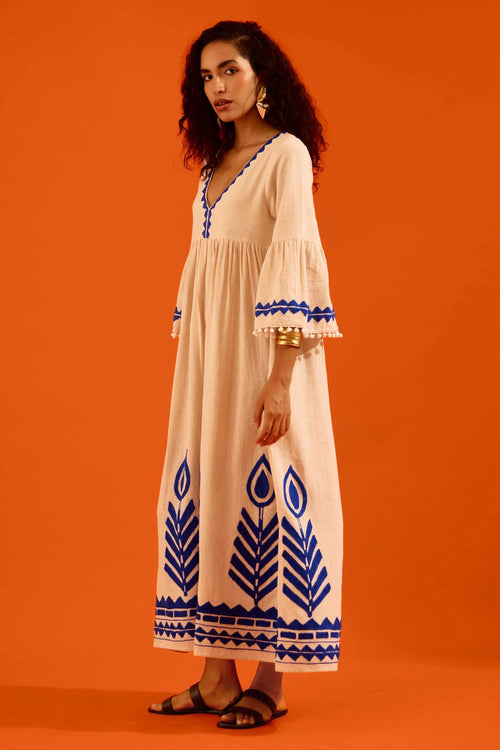 Natural Jute Maxi Dress with Indigo Petal Thread Embroidery