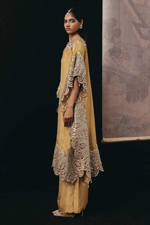 Golden Zari Mirrorwork Tissue Applique Kaftan with Scallop Palazzos