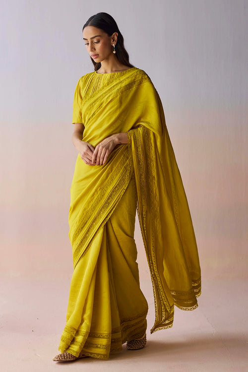 Whispering Ivy Embroidered Yellow Saree