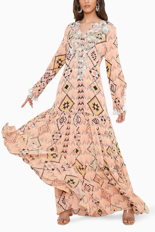 Blush Mosaic Diamond Print Embroidered Boho Dress