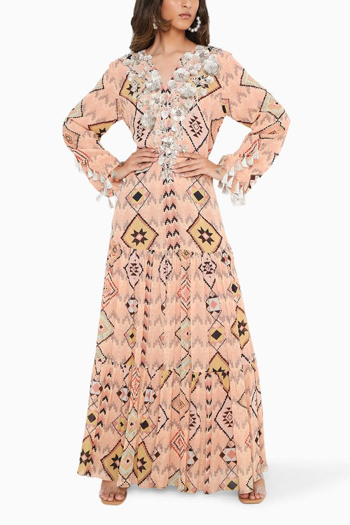 Blush Mosaic Diamond Print Embroidered Boho Dress