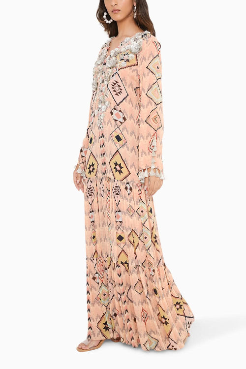 Blush Mosaic Diamond Print Embroidered Boho Dress