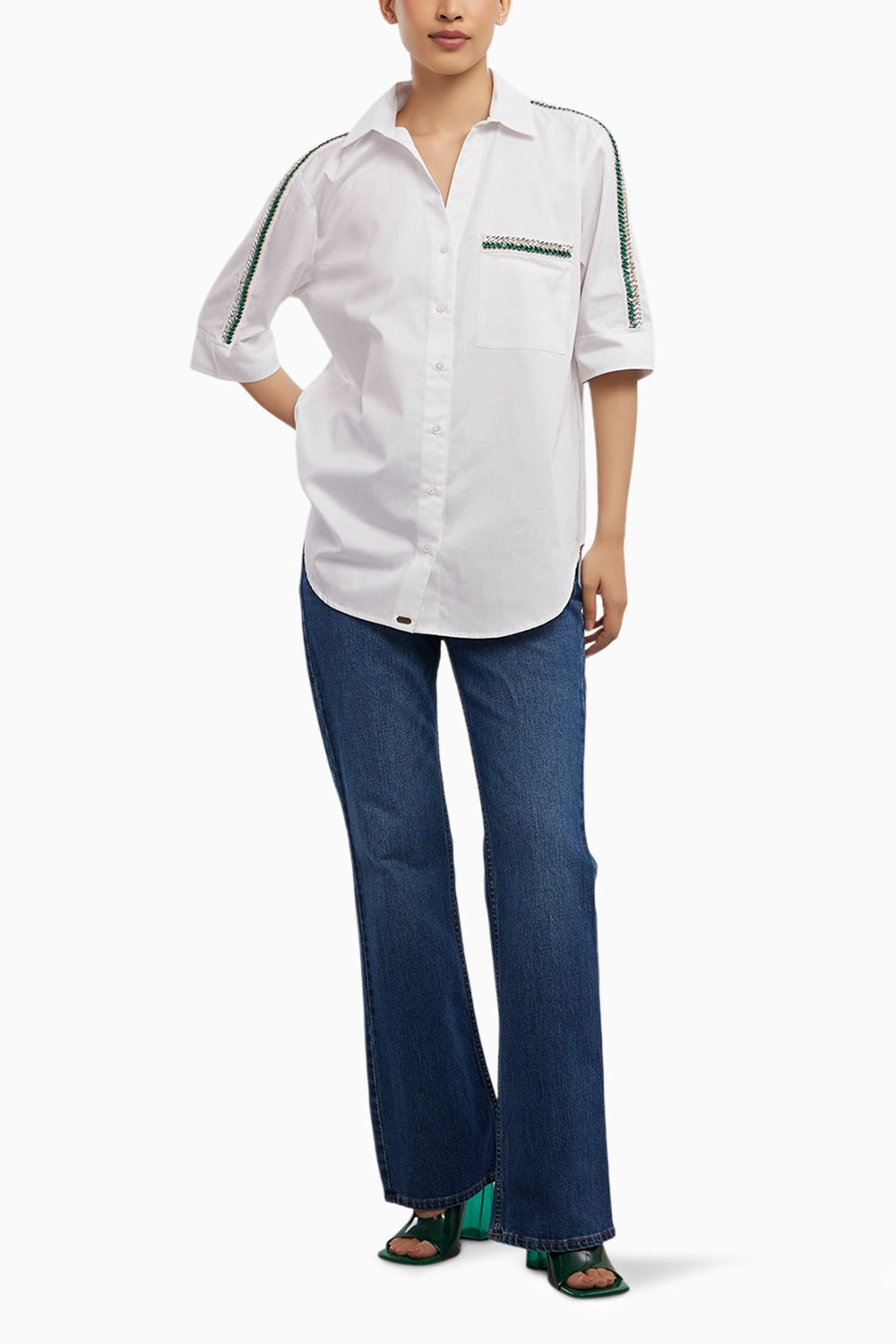 Oversized Emerald Swarovski Ribbon Pocket Shirt
