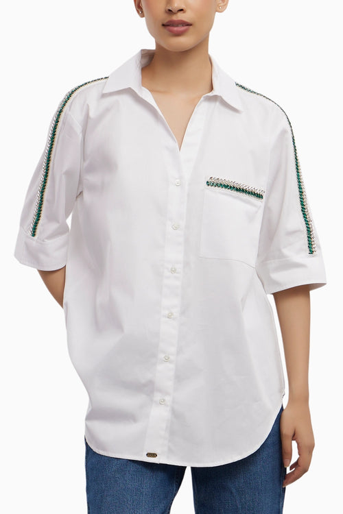Oversized Emerald Swarovski Ribbon Pocket Shirt