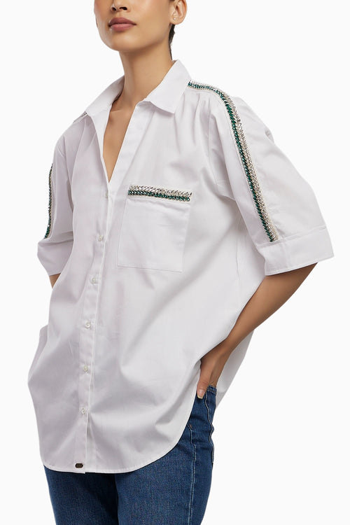 Oversized Emerald Swarovski Ribbon Pocket Shirt