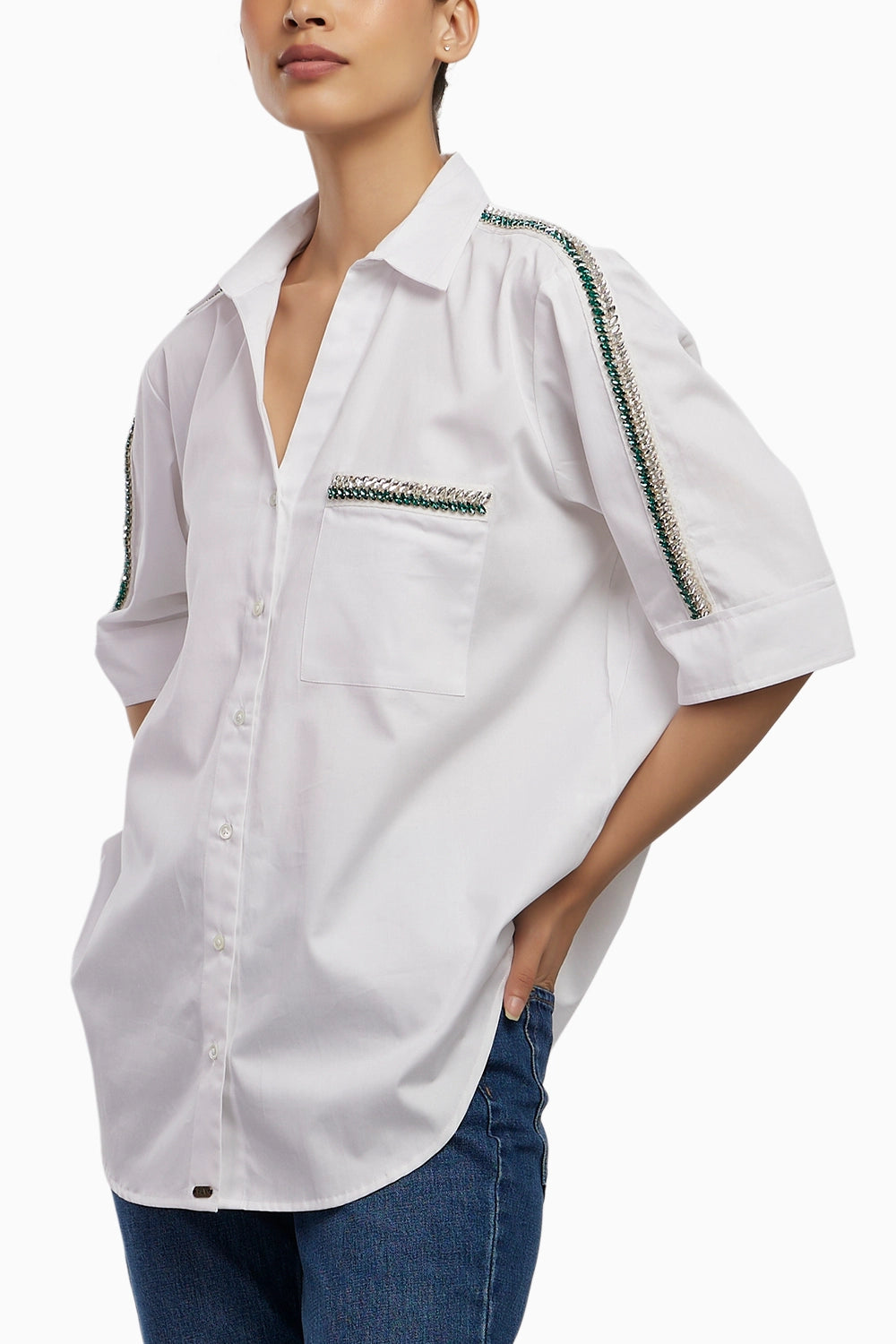 Oversized Emerald Swarovski Ribbon Pocket Shirt