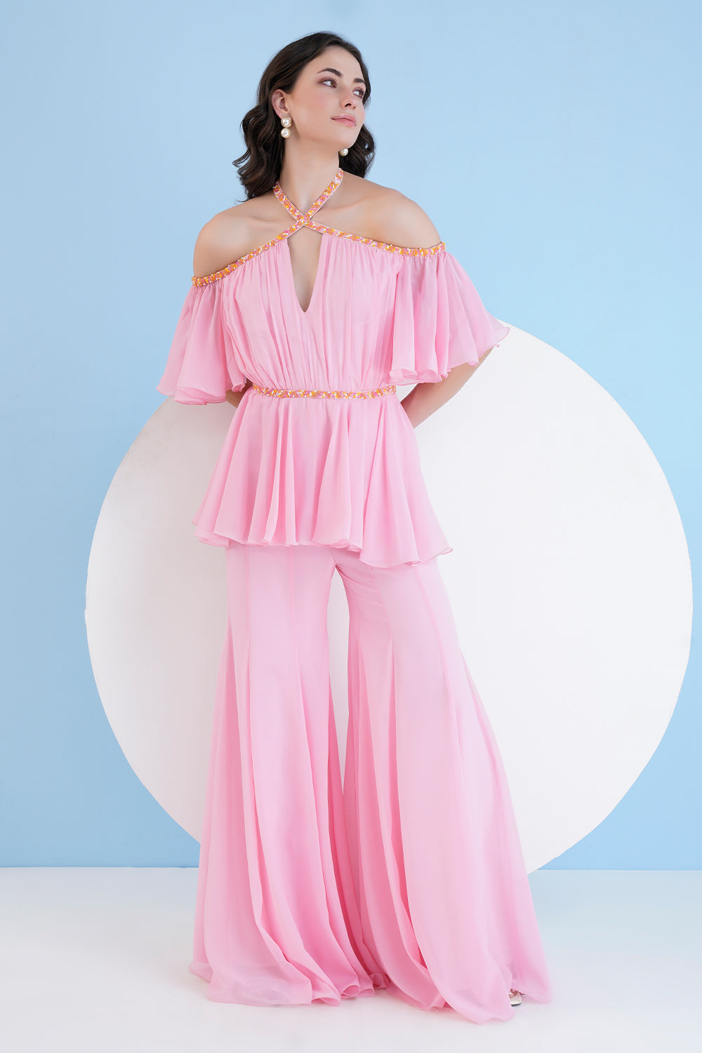 Pink Embroidered Cross Neck Jumpsuit With Flared Sleeves