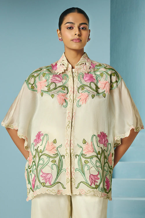 Ivory Applique And Beadwork Kaftan Shirt With Bell Bottom Pants