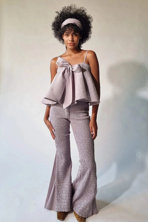 Light Lilac Quilted Bow Top With Flared Pants