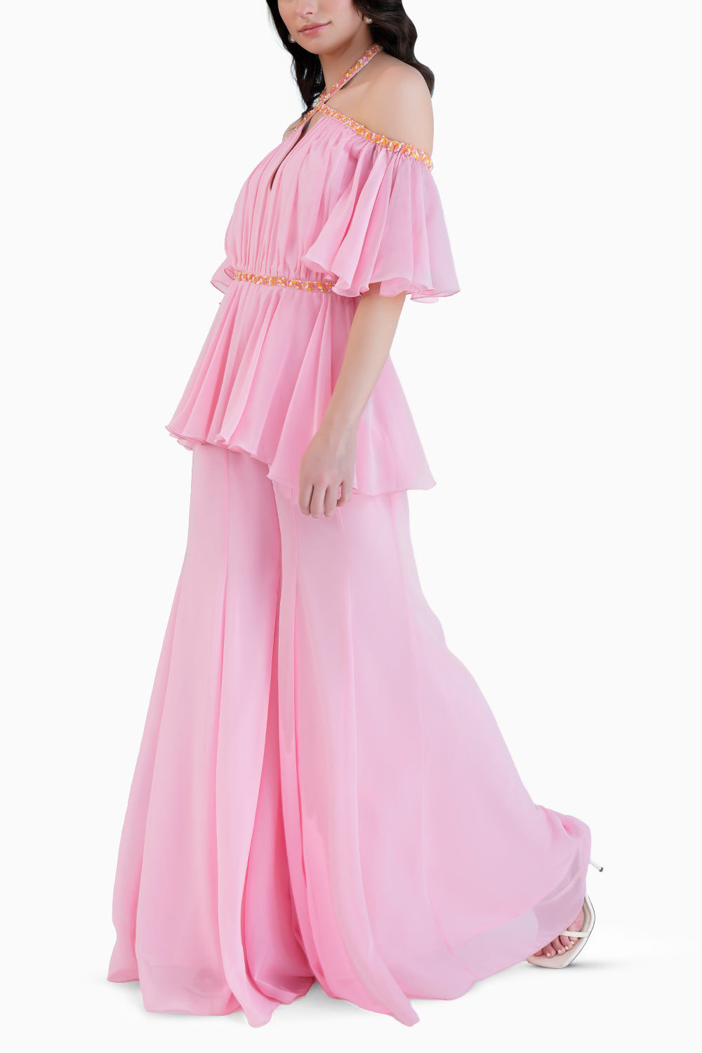 Pink Embroidered Cross Neck Jumpsuit With Flared Sleeves