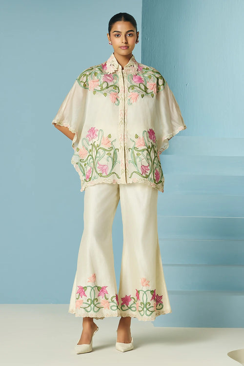 Ivory Applique And Beadwork Kaftan Shirt With Bell Bottom Pants