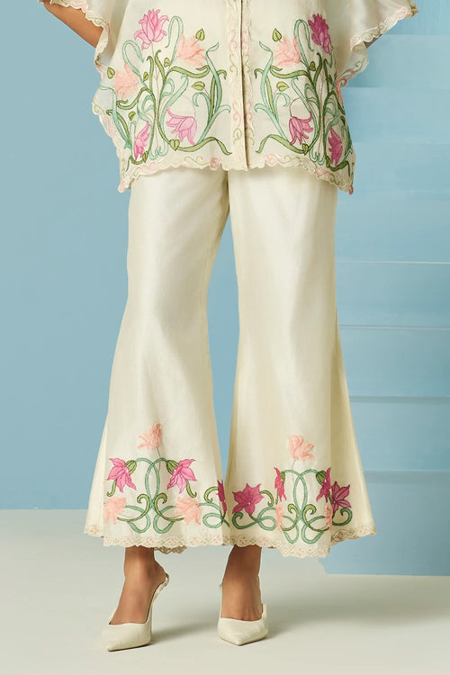 Ivory Applique And Beadwork Bell Bottom Pants