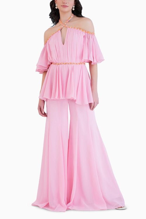 Pink Embroidered Cross Neck Jumpsuit With Flared Sleeves