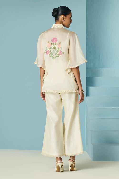 Ivory Applique And Beadwork Kaftan Shirt With Bell Bottom Pants