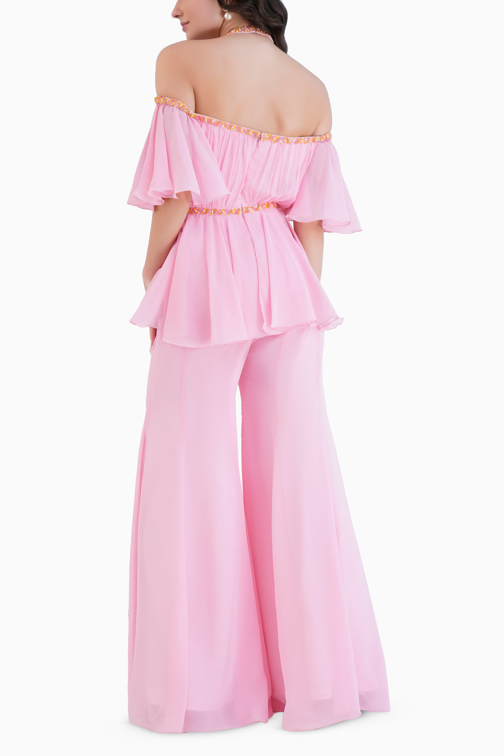 Pink Embroidered Cross Neck Jumpsuit With Flared Sleeves