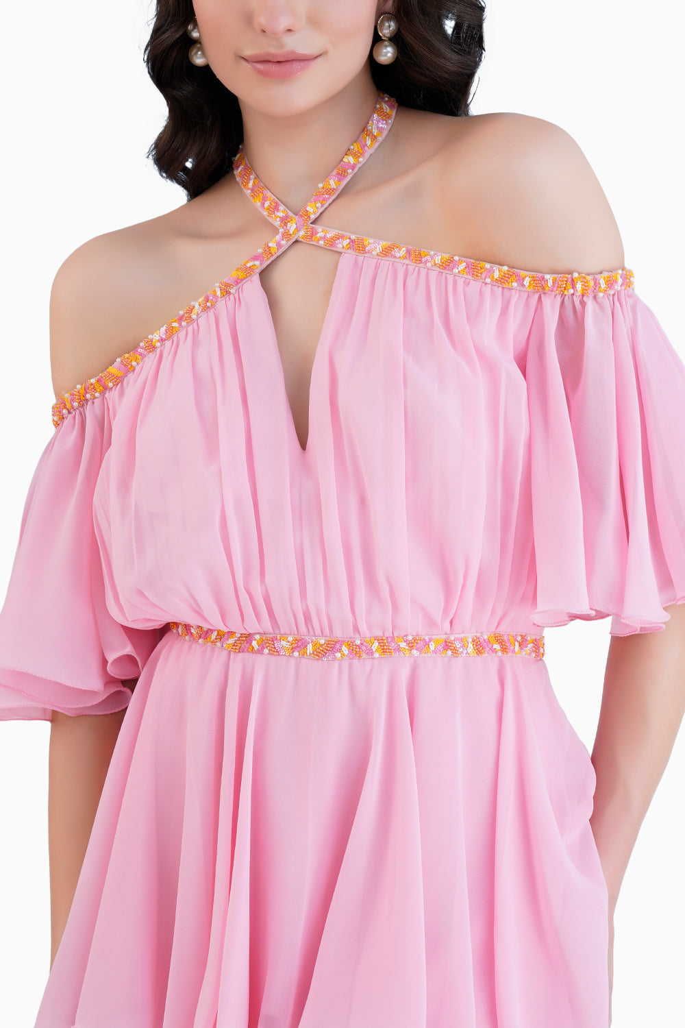 Pink Embroidered Cross Neck Jumpsuit With Flared Sleeves