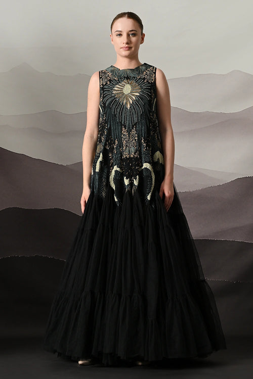 Black Gown With Radiating Hand Embroidery