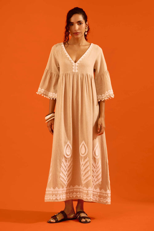 Natural Jute Maxi Dress with Ivory Petal Thread Embroidery