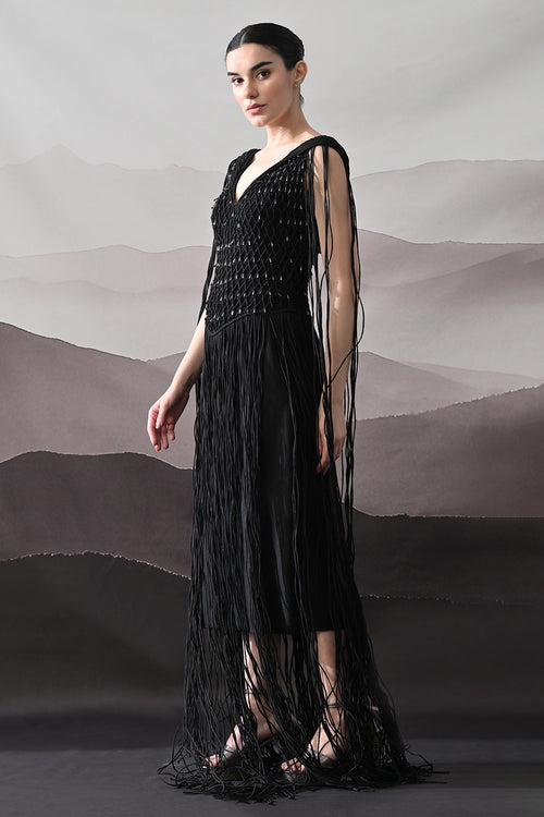 Black Gown With Artisanal Weave And Fringe Detailing