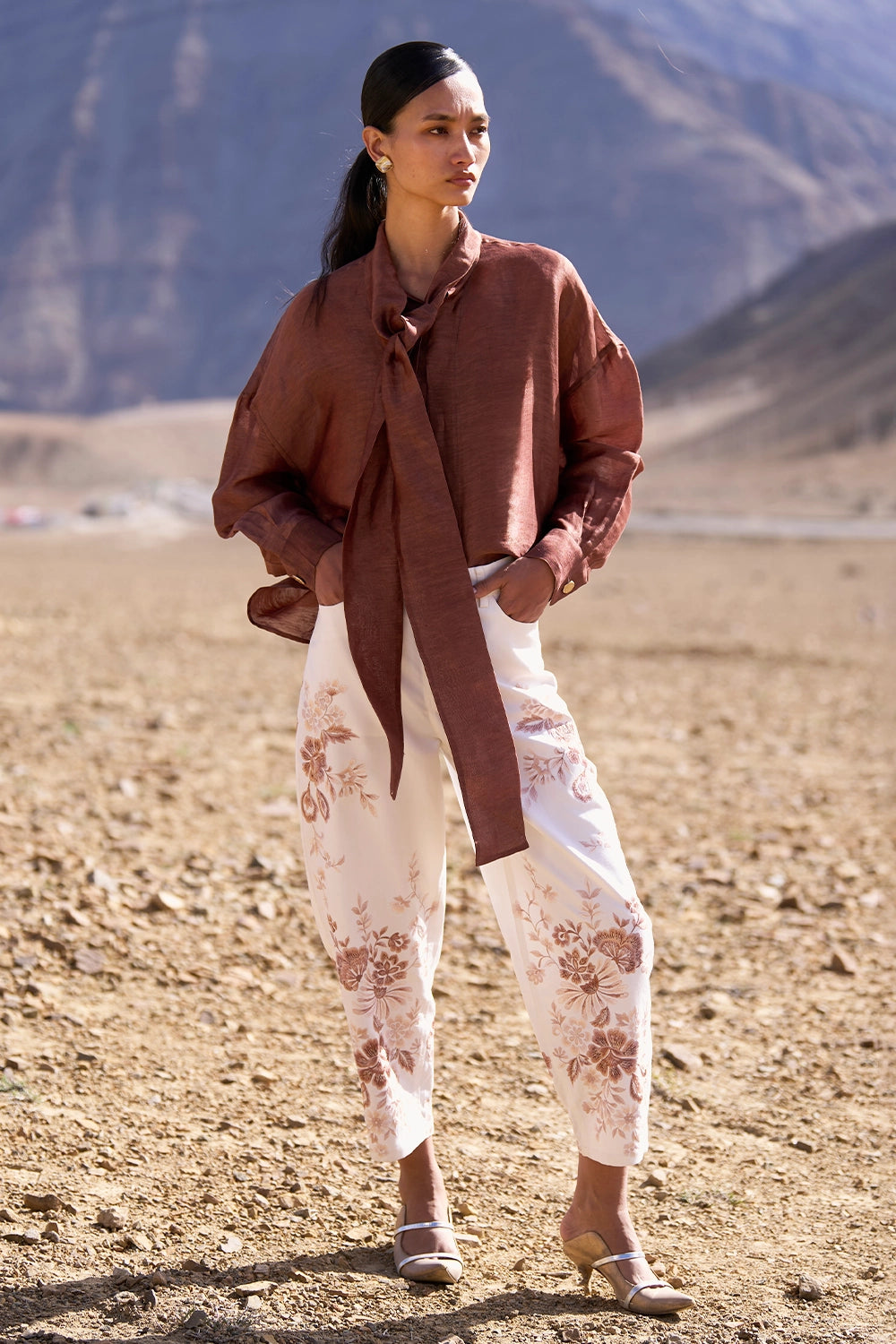 Silk-Linen Tie-Knot Shirt with Embroidered Barrel Pant