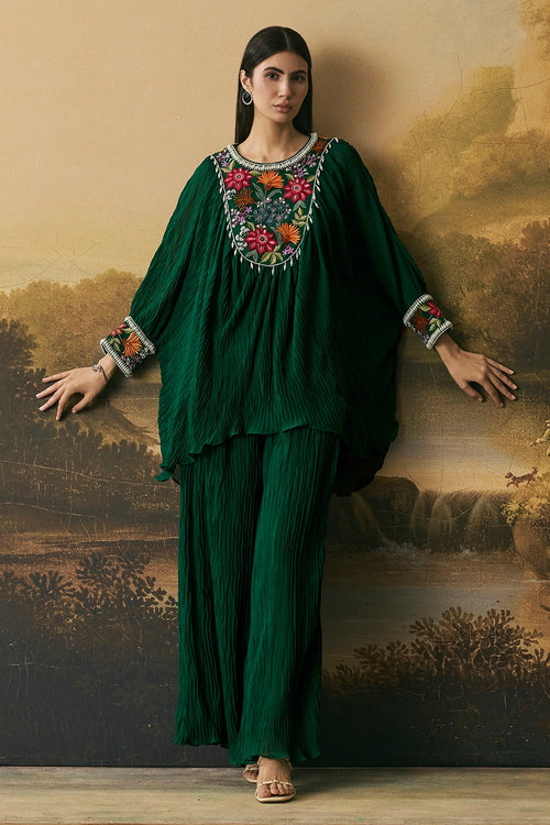 Emerald Green Floral Textured Kimono Tunic With Pants