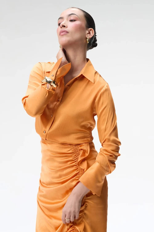 Coral Silk Shirt with Side Ruched Skirt