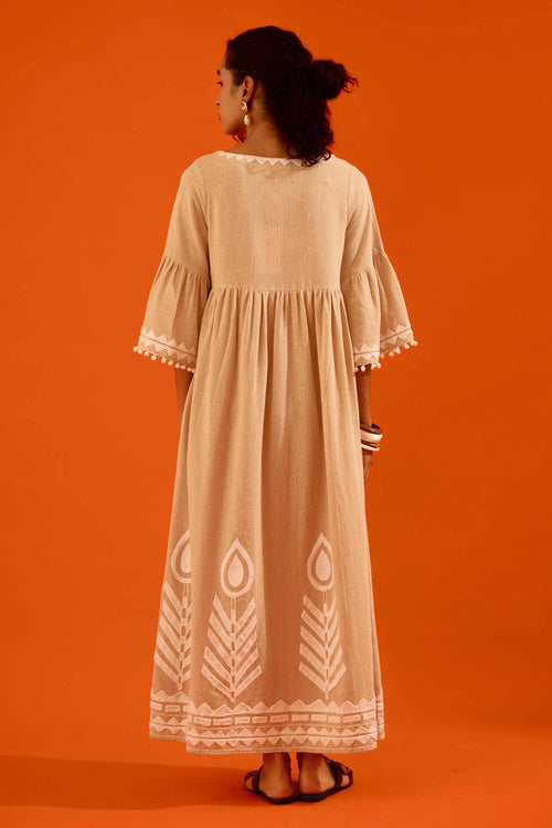 Natural Jute Maxi Dress with Ivory Petal Thread Embroidery