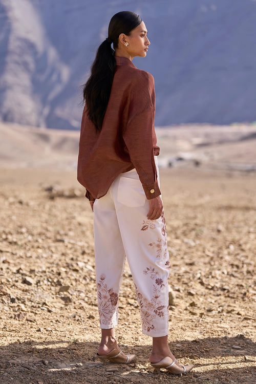 Silk-Linen Tie-Knot Shirt with Embroidered Barrel Pant