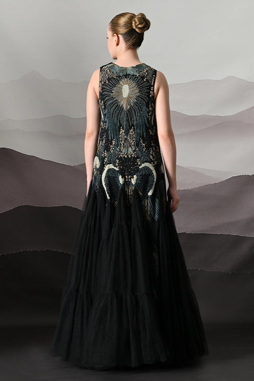 Black Gown With Radiating Hand Embroidery