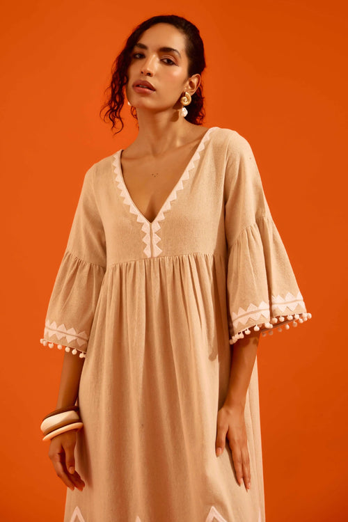 Natural Jute Maxi Dress with Ivory Petal Thread Embroidery