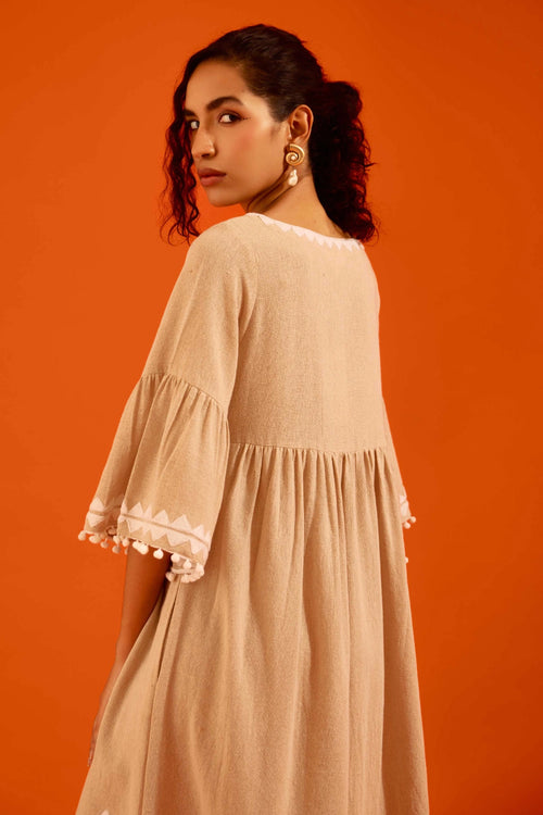 Natural Jute Maxi Dress with Ivory Petal Thread Embroidery