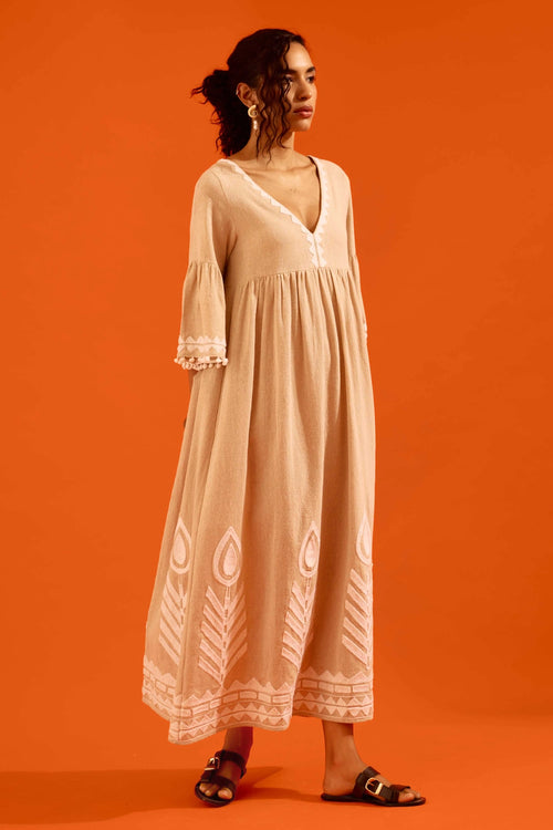 Natural Jute Maxi Dress with Ivory Petal Thread Embroidery