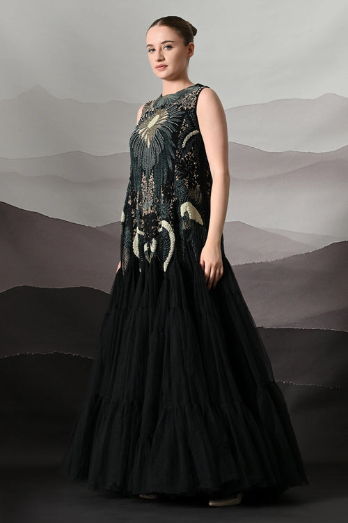 Black Gown With Radiating Hand Embroidery