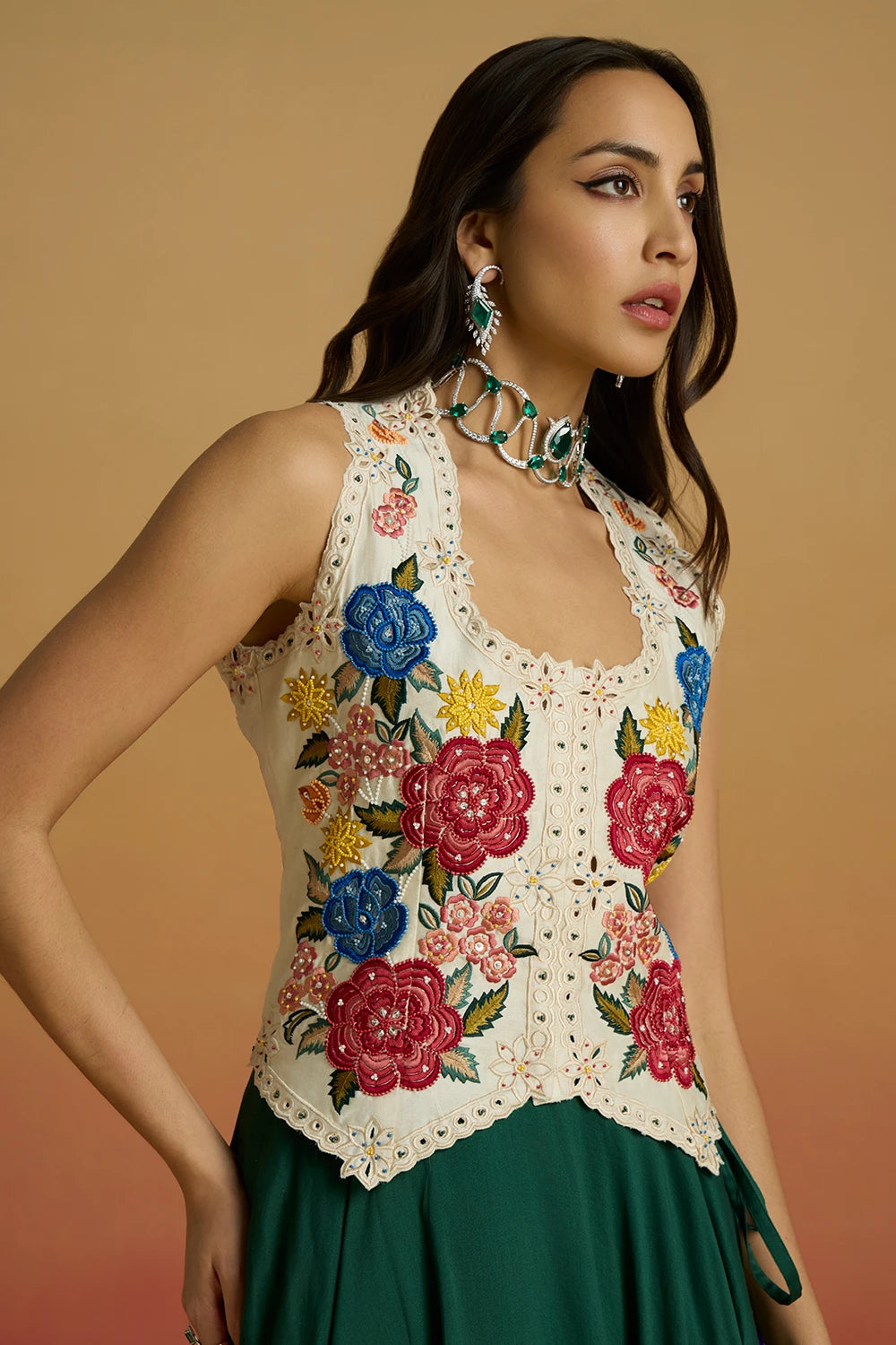 Ivory Floral Foliage Waistcoat with Emerald Paisley Layered Amaryllis Lehenga