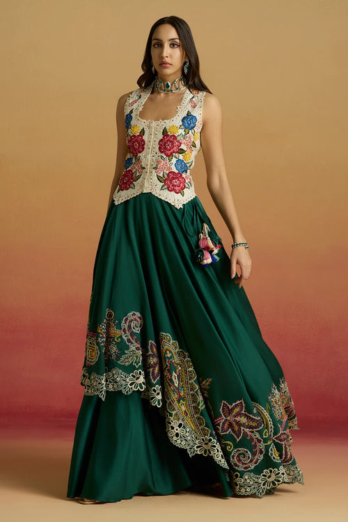Ivory Floral Foliage Waistcoat with Emerald Paisley Layered Amaryllis Lehenga