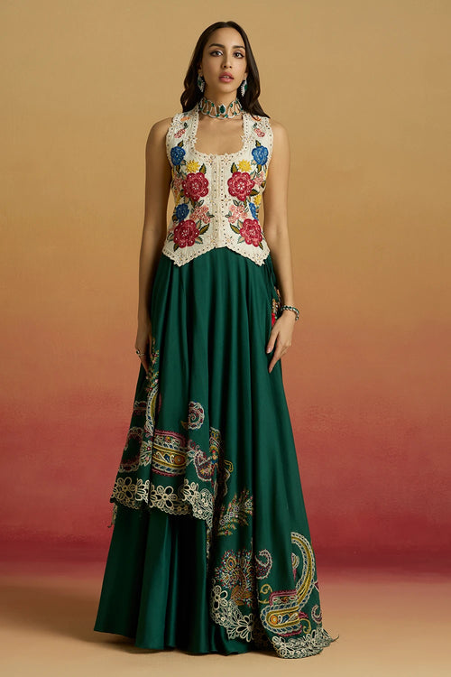 Ivory Floral Foliage Waistcoat with Emerald Paisley Layered Amaryllis Lehenga