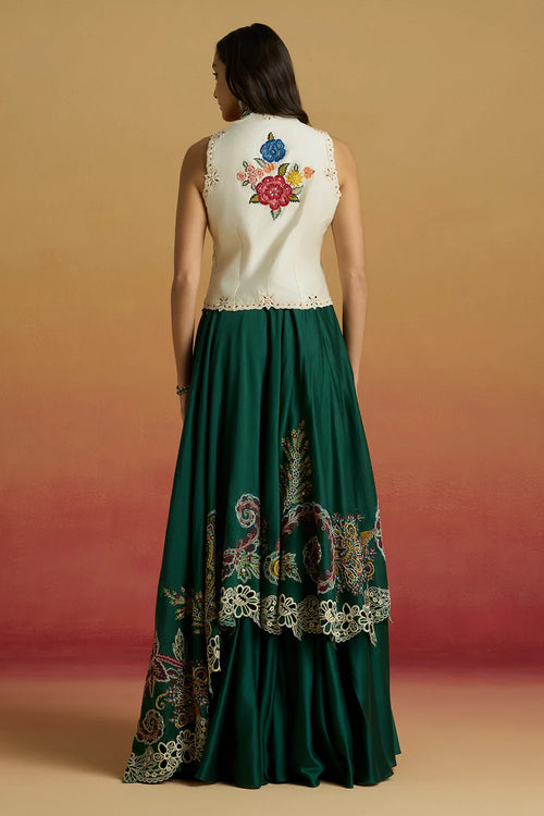 Ivory Floral Foliage Waistcoat with Emerald Paisley Layered Amaryllis Lehenga