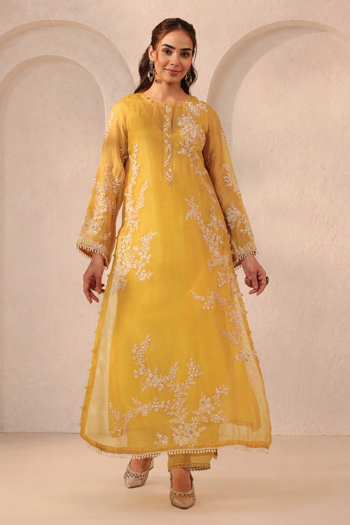 Vaayu Yellow Jaal Straight Kurta Set