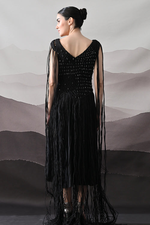 Black Gown With Artisanal Weave And Fringe Detailing