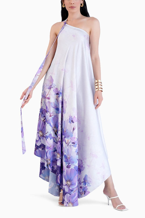 Lilac Bauhinia Printed One Shoulder High Low Kaftan Dress