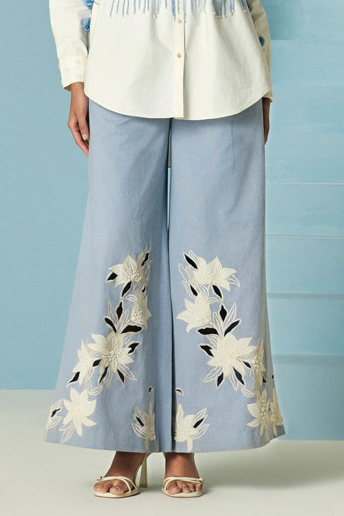 Powder Blue Contrast Embroidered Flared Pants