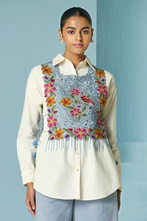 Powder Blue Beadwork And Cutwork Vest