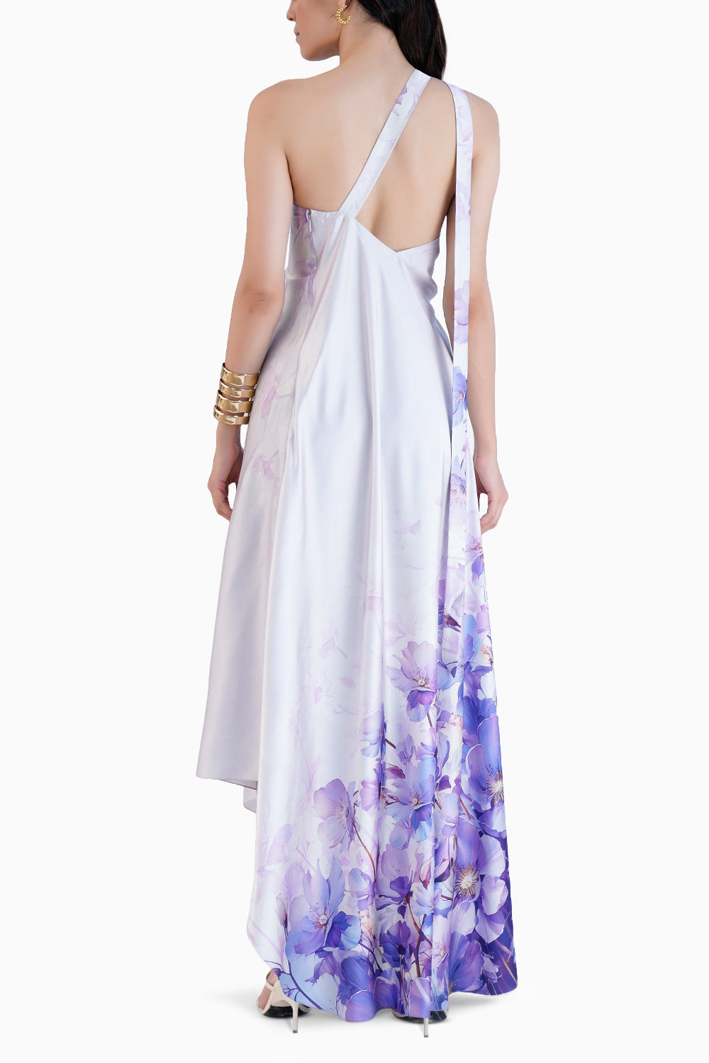 Lilac Bauhinia Printed One Shoulder High Low Kaftan Dress