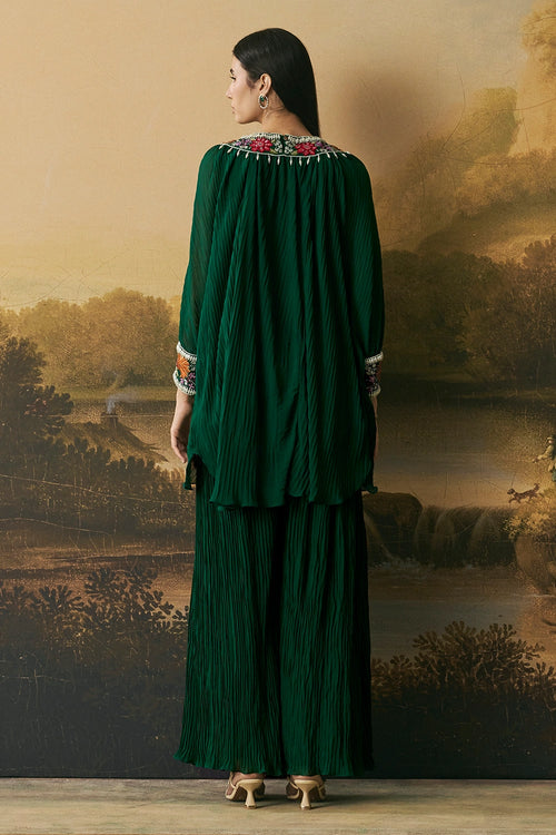 Emerald Green Floral Textured Kimono Tunic With Pants